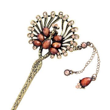 Peacock Fringed Hair Stick with Rhinestones in Anqitue Brass Finish